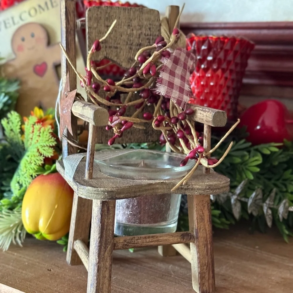 1994 Rustic Wooden Holiday Tealight Chair with Red Berry Garland
